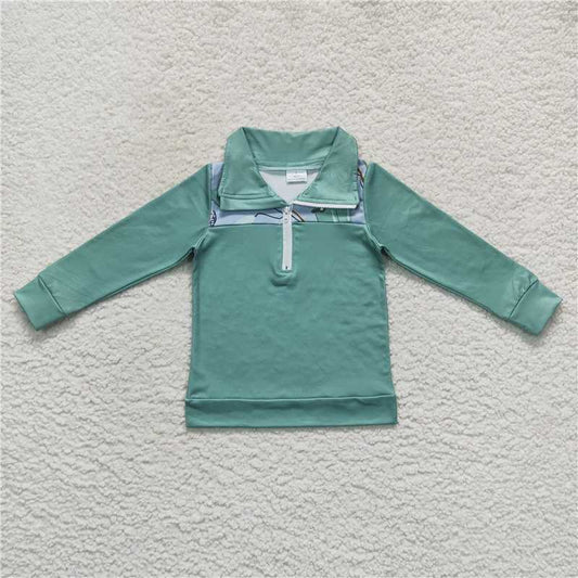 6.30 RTS NO MOQ Baby Boys Long Sleeve BT0335 Green Fishing Patchwork Long Sleeve Zip Pullover Tops