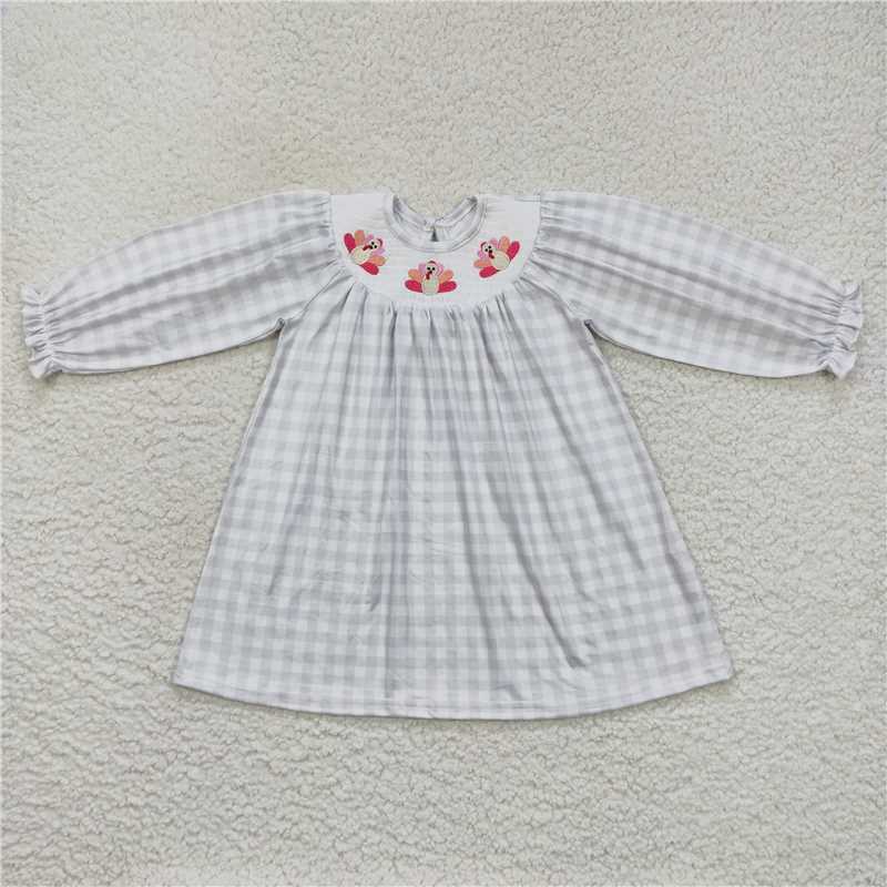 7.5 RTS NO MOQ Baby Girls Long Sleeve GLD0357 Turkey Smocked Plaid Thanksgiving Dress