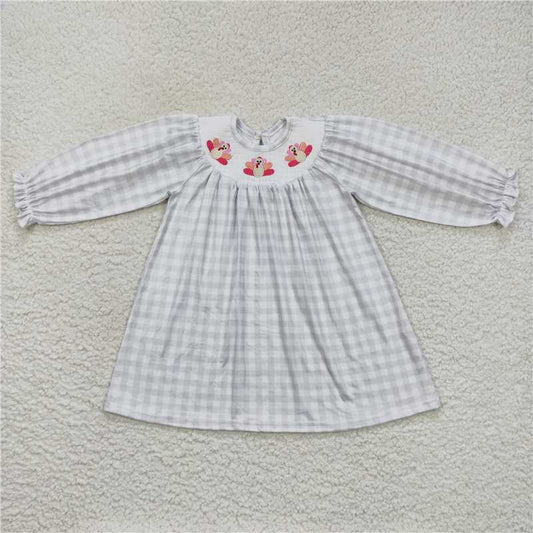 7.5 RTS NO MOQ Baby Girls Long Sleeve GLD0357 Turkey Smocked Plaid Thanksgiving Dress