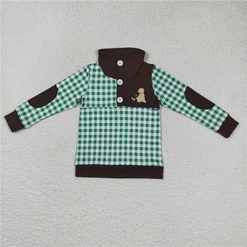 6.30 RTS NO MOQ Baby Boys Long Sleeve BT0301 Hunting Green Checkered Long Sleeve Elbow Pullover Tee Shirt Tops