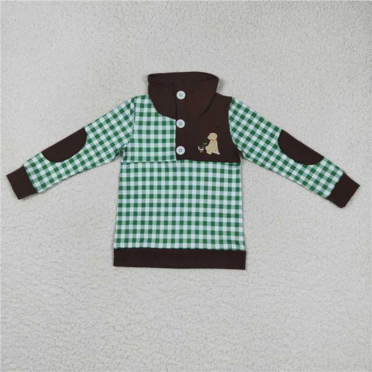6.30 RTS NO MOQ Baby Boys Long Sleeve BT0301 Hunting Green Checkered Long Sleeve Elbow Pullover Tee Shirt Tops