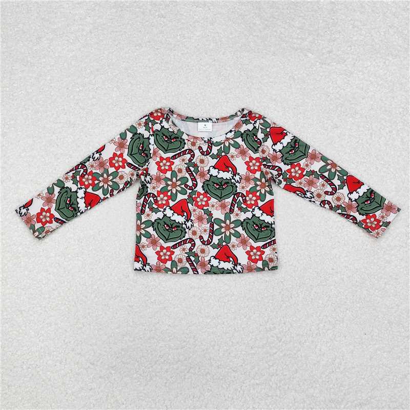 7.8 RTS NO MOQ Baby Girls Long Sleeve GT0326 Christmas Green Frog Flowers Long Sleeve Tee Shirts Tops