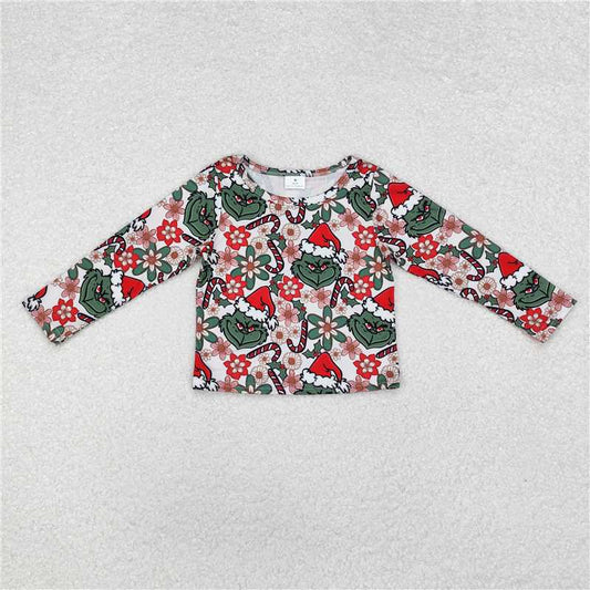 7.8 RTS NO MOQ Baby Girls Long Sleeve GT0326 Christmas Green Frog Flowers Long Sleeve Tee Shirts Tops