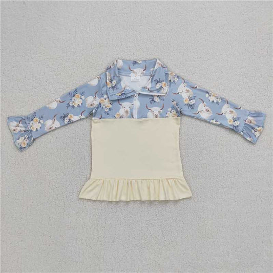 5.22 RTS NO MOQ Baby Girls Long Sleeve GT0301 Cow Flowers Long Sleeve Pullover Ruffle Tee Shirt Tops