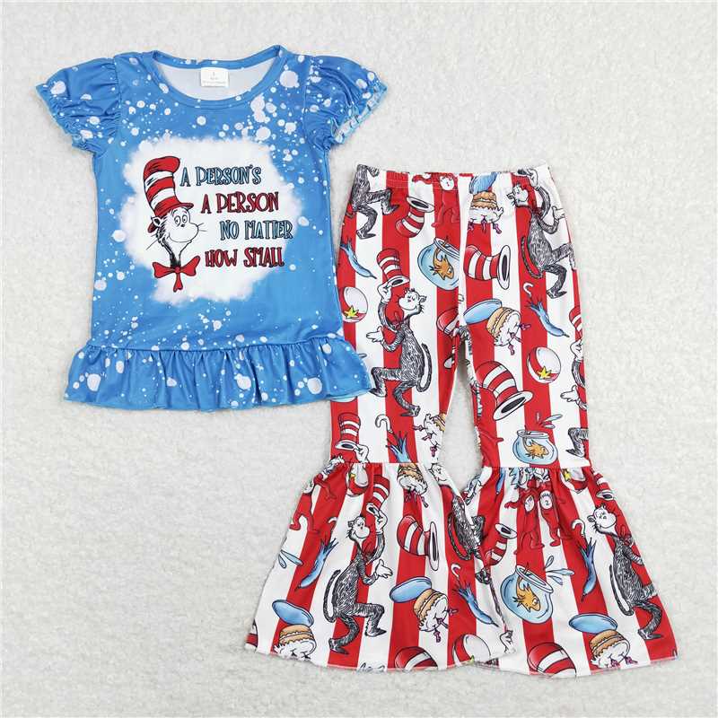 Kids Girls Spring Dr Blue Cat Hat Bell Bottom Pants Set