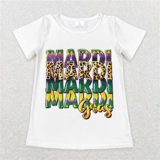 5.20 RTS NO MOQ Summer Baby Girls Short Sleeve GT0442 White Mardi Gras Short Sleeve Tee Shirts Tops