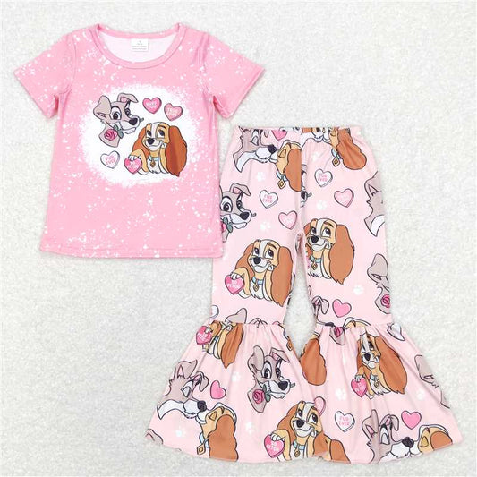 7.14 RTS NO MOQ Baby Girls Summer Kids Sets GSPO1233 Pink Dogs Valentines Tee Top Bell Bottom Pants Clothes Sets