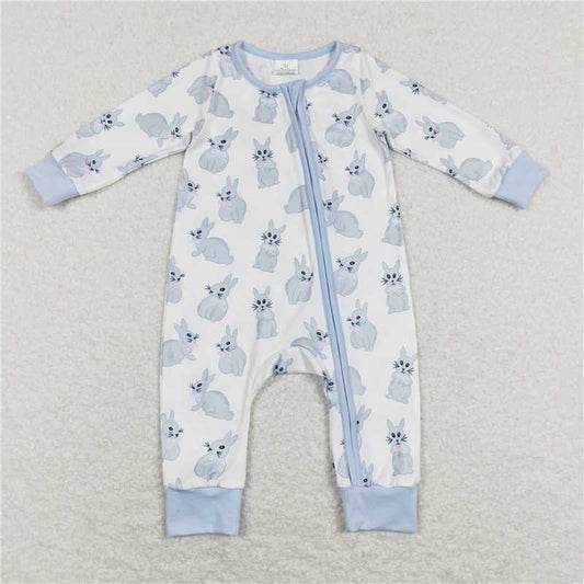 7.7 RTS NO MOQ Baby Boys Bodysuit LR0837 Easter Rabbits Light Blue Zip Rompers