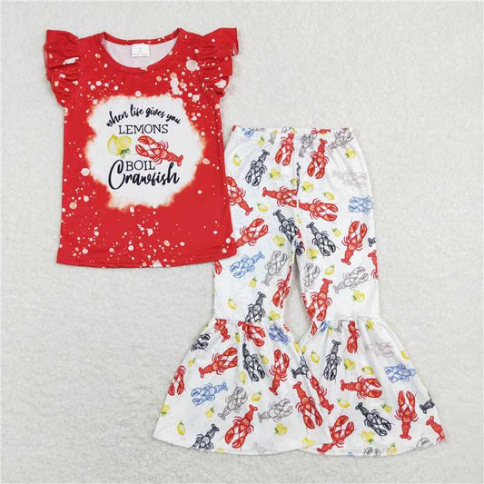 7.14 RTS NO MOQ Baby Girls Summer Kids Sets GSPO1170 Crawfish Lemons Flutter Sleeve Tee Bell Pants Clothes Sets