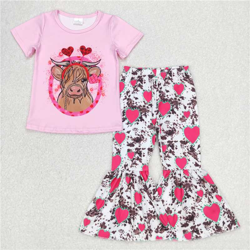 7.14 RTS NO MOQ Baby Girls Summer Kids Sets GSPO0416 Valentines Cow Shirt Heart Bell Pants Clothes Sets