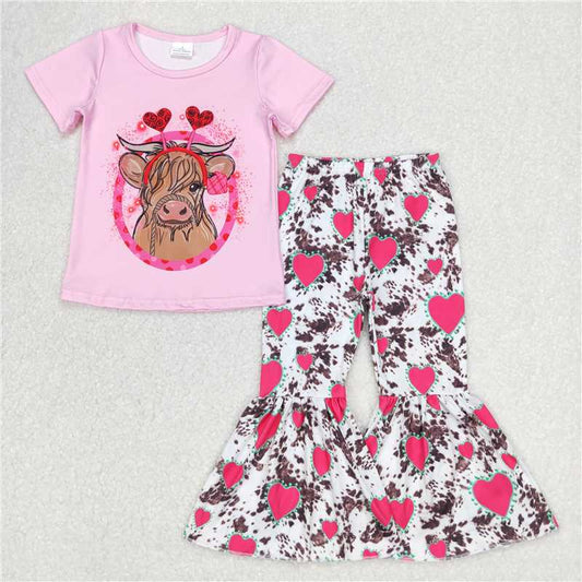 7.14 RTS NO MOQ Baby Girls Summer Kids Sets GSPO0416 Valentines Cow Shirt Heart Bell Pants Clothes Sets