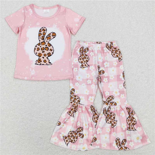 7.14 RTS NO MOQ Baby Girls Summer Kids Sets GSPO1181 Easter Leopard Rabbit Top Bell Pants Clothes Sets