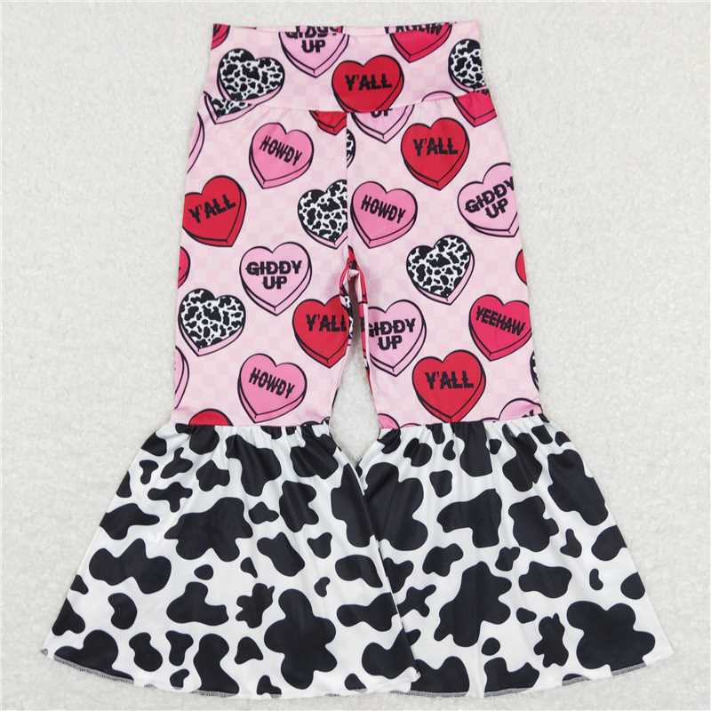RTS NO MOQ Baby Girls Long Pants P0344 Valentines Western Pink Plaid Hearts Bell Bottom Pants