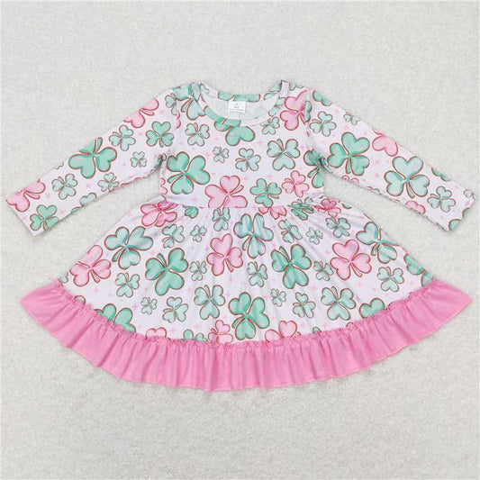 6.13 RTS NO MOQ Baby Girls Long Sleeve GLD0503 Pink Ruffle St Patrick Day Quatrefoil Twirl Dresses