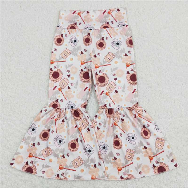 RTS NO MOQ Baby Girls Long Pants P0262 Sunflowers Ruffle High Waist Bell Bottom Pants