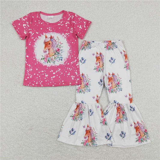 7.2 RTS NO MOQ Baby Girls Summer Kids Sets GSPO1340 Western Horse Shirt Bell Pants Clothes Sets