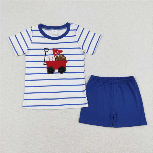 RTS NO MOQ Baby Boys kids Summer Sets BSSO0540 Blue Stripes Baseball Shirts Shorts Clothes Sets