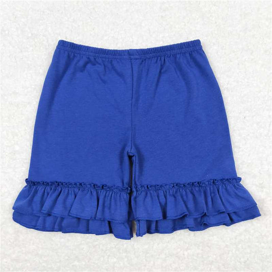 6.20 RTS NO MOQ Baby Girls Summer Pants SS0179 Blue Cotton Double Ruffle Shorts