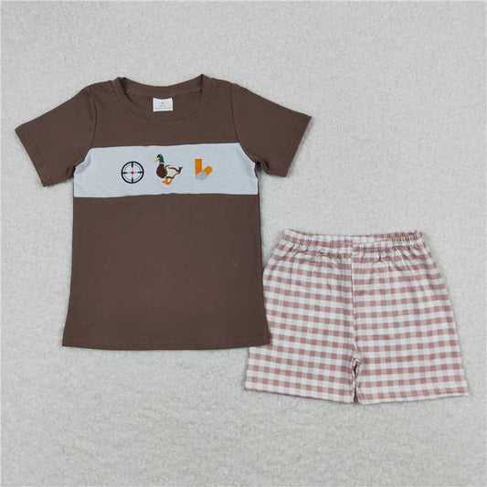 RTS NO MOQ Baby Boys kids Summer Sets BSSO0573 Brown Checkered Duck Shorts Summer Shorts Clothes Sets