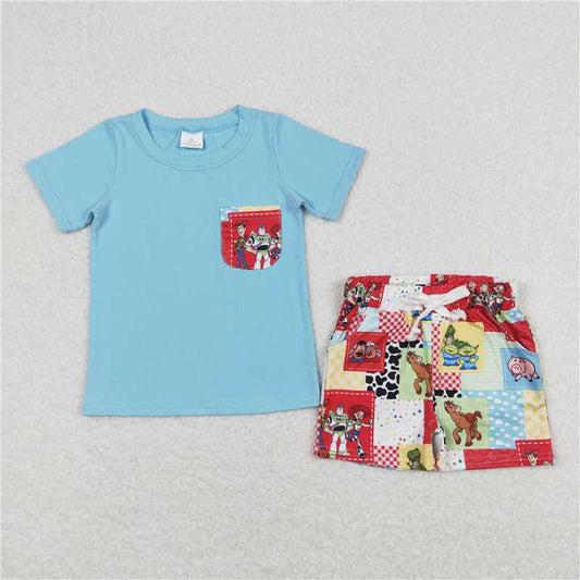 RTS NO MOQ Baby Boys kids Summer Sets BSSO0535 Blue plaid pocket short-sleeved shorts set