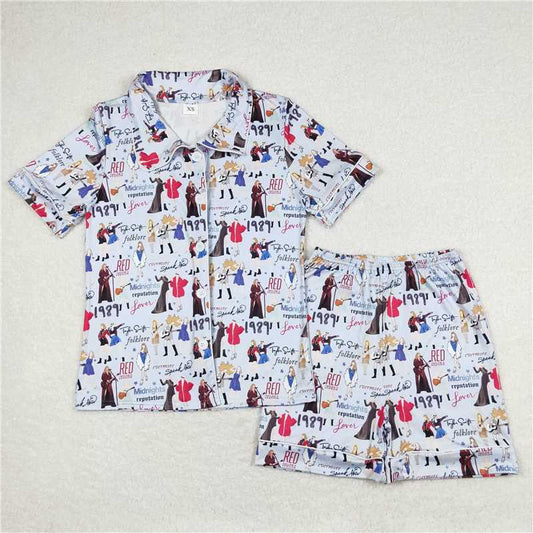 7.4 RTS NO MOQ Adult Women Summer Sets BSSO0773 Blue Color Singer Short Sleeve Buttons Tee Shorts Pajamas Sets