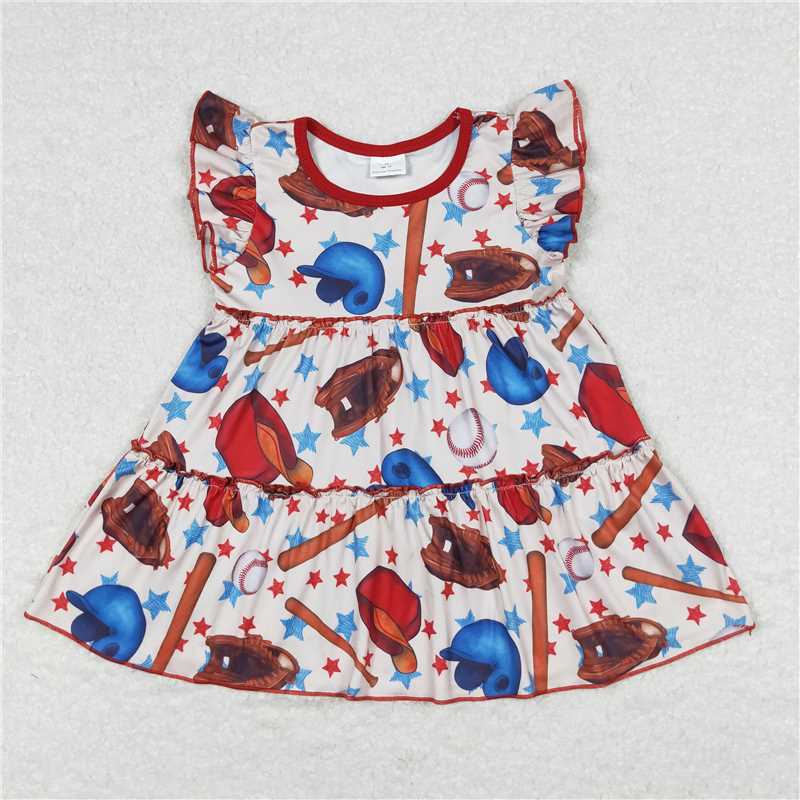 RTS NO MOQ Summer Baby Girls Short Sleeve GT0493 Baseball Stars Flutter Sleeve Tunic Tops