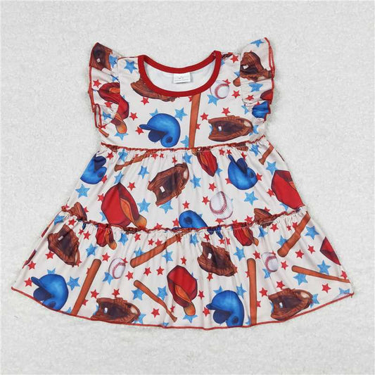 RTS NO MOQ Summer Baby Girls Short Sleeve GT0493 Baseball Stars Flutter Sleeve Tunic Tops