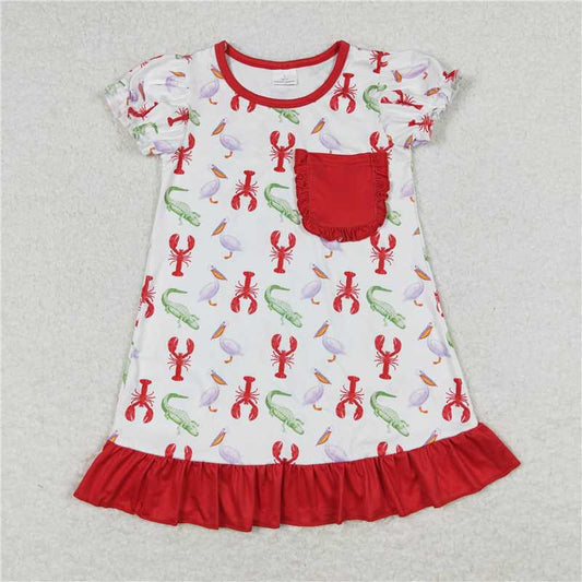 8.1 RTS NO MOQ Summer Baby Girls Dresses GSD0869 Red Ruffle Crawfish Short Sleeve Knee Length Dresses