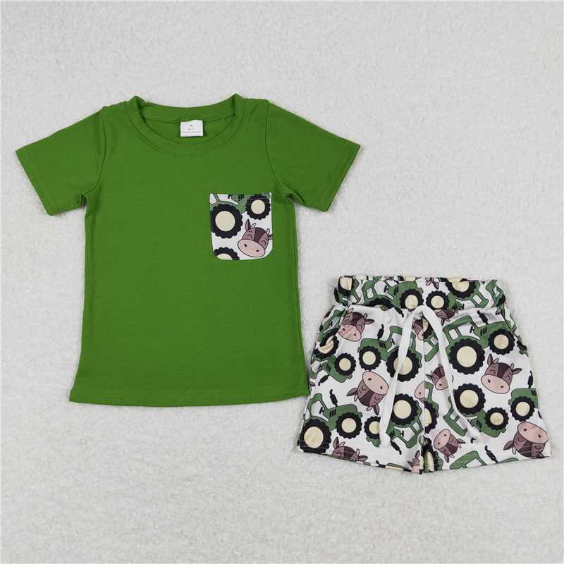 RTS NO MOQ Baby Boys kids Summer Sets BSSO0703 Tractor Bull Head Pocket Green Short Sleeve Shorts Suit