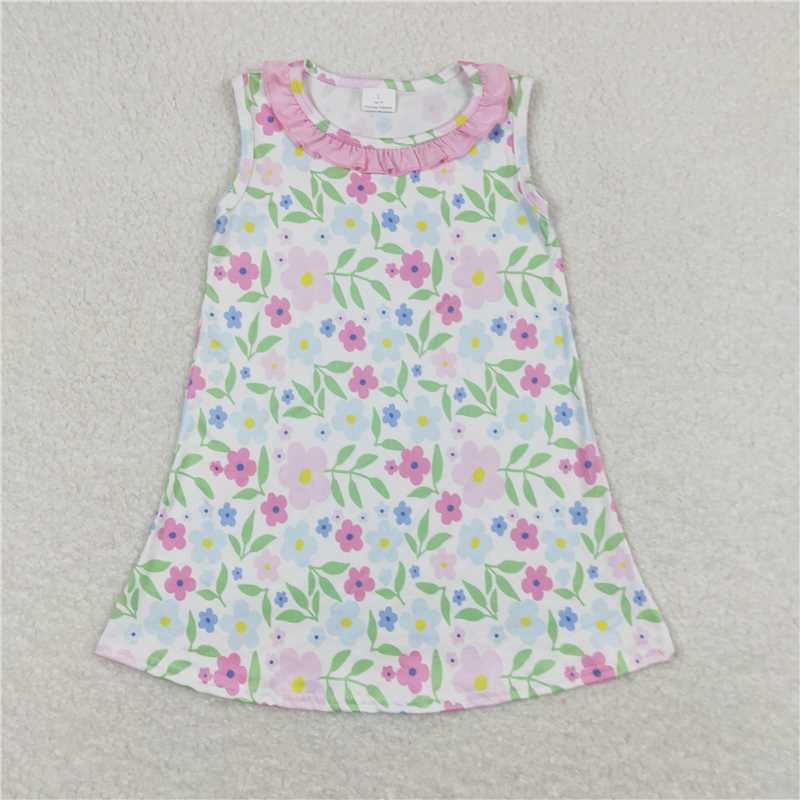 8.1 RTS NO MOQ Summer Baby Girls Dresses GSD0893 Ruffle Floral Pink Sleeveless Knee Length Dresses