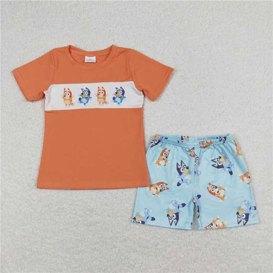 RTS NO MOQ Baby Boys kids Summer Sets BSSO0668 Orange short-sleeved blue shorts suit