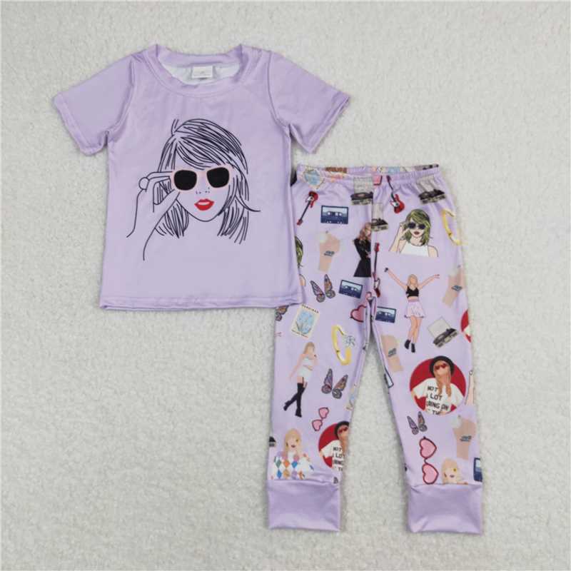 7.2 RTS NO MOQ Baby Girls Summer Kids Sets GSPO1452 Purple Singer Shirt Legging Pants Clothes Sets
