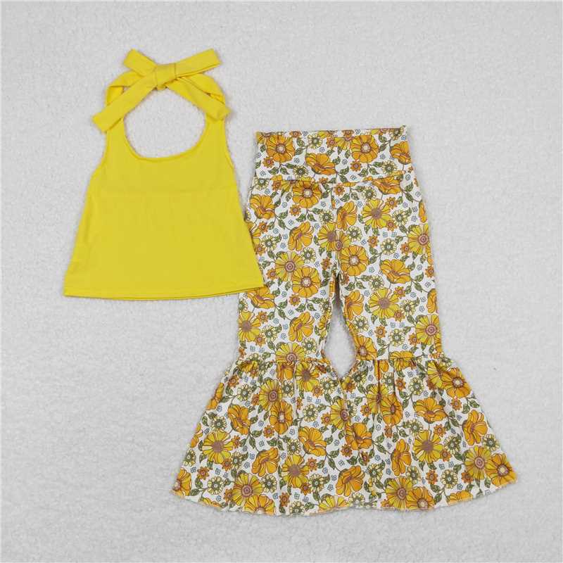 7.2 RTS NO MOQ Baby Girls Summer Kids Sets GSPO1430 Mustard Halter Top Shirt Flowers Bell Bottom Pants Clothes Sets