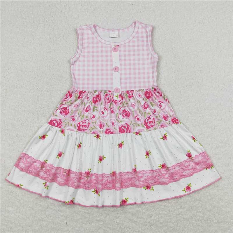 8.1 RTS NO MOQ Summer Baby Girls Dresses GSD0860 Sleeveless Floral Pink Lace Ruffle Knee Length Dresses
