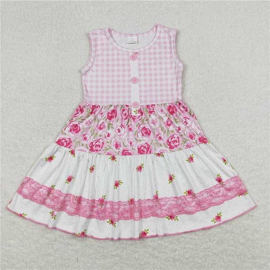 8.1 RTS NO MOQ Summer Baby Girls Dresses GSD0860 Sleeveless Floral Pink Lace Ruffle Knee Length Dresses