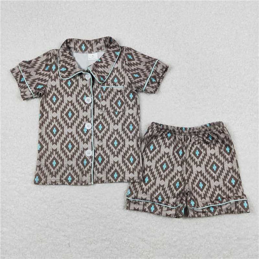 RTS NO MOQ Baby Boys kids Summer Sets BSSO0560 Geometric brown and grey short-sleeved shorts pajamas sets