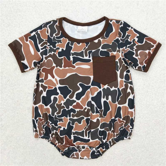 6.6 RTS NO MOQ Baby Boys Summer Bodysuit SR1580 Brown Camo Short Sleeve Pocket Rompers