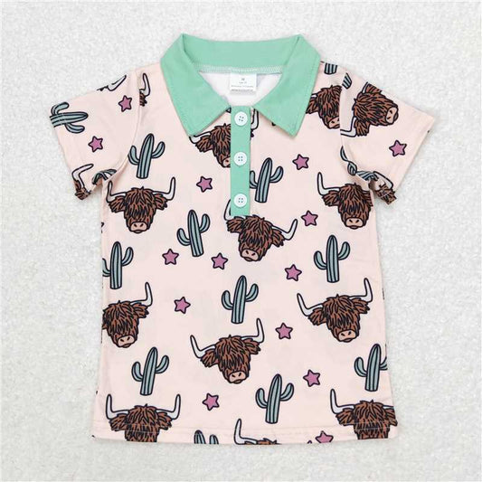 RTS NO MOQ Summer Baby Boys Shirt BT0143 Pink Western Cow Cactus Shirts Tops