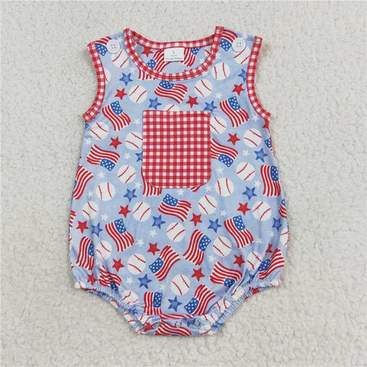 6.6 RTS NO MOQ Baby Boys Summer Bodysuit SR1563 Baseball Flags 4th Of July Rompers