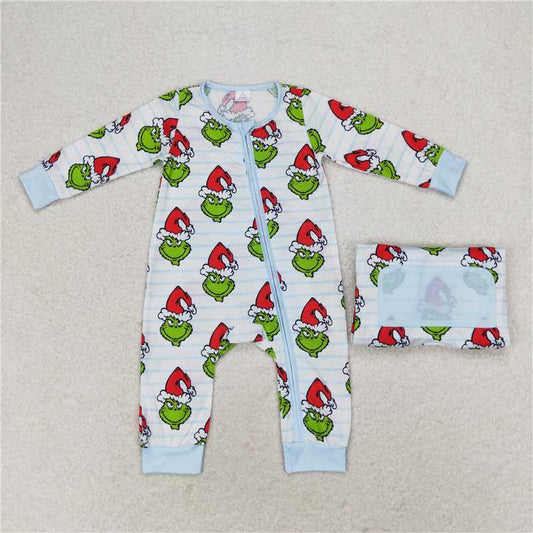 7.7 RTS NO MOQ Baby Boys Bodysuit LR1002 Green Face Long Sleeve Bamboo Christmas Zip Rompers
