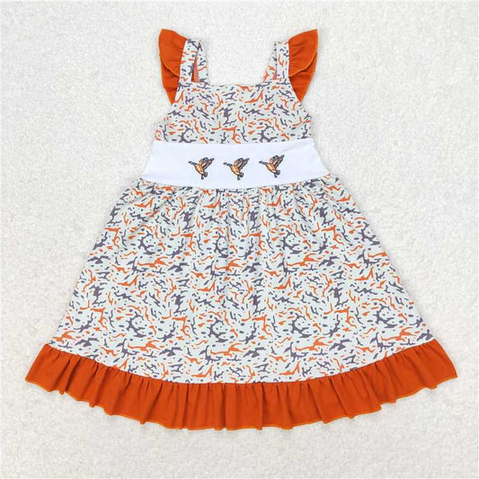 7.22 RTS NO MOQ Summer Baby Girls Dresses GSD1271 Embroidery Camo Ducks Straps Ruffle Knee Length Dresses