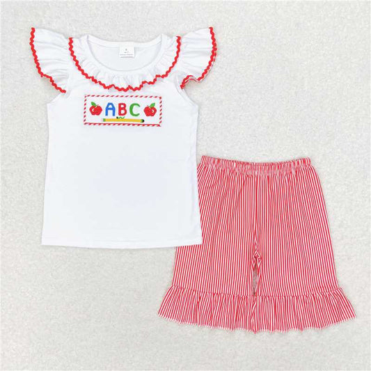 GSSO1115 Baby Girls Back Top School ABC Shirt Ruffle Shorts Clothes Sets