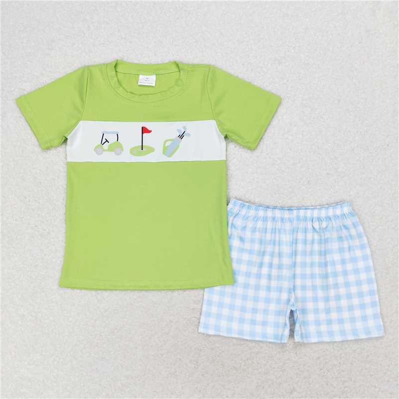 BSSO0667 Baby Boys Golf Green Shirt Blue Checkered Shorts Outfits