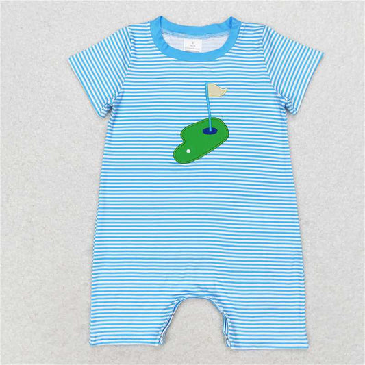 6.27 RTS NO MOQ Baby Boys Summer Bodysuit SR1044 Golf Blue Stripes Short Sleeve Rompers