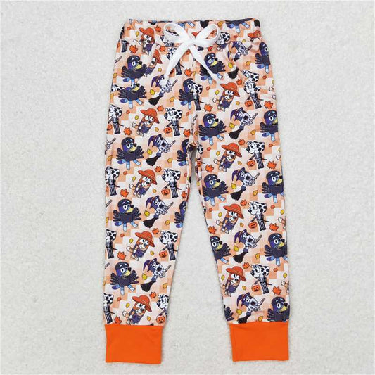 RTS NO MOQ Baby Girls Long Pants P0476 Halloween Dogs Orange Checkered Pants