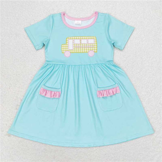 RTS NO MOQ Summer Baby Girls Dresses GSD1341  Bus Back To School Pockets Knee Length Dresses