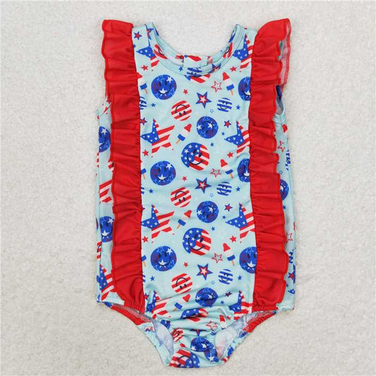 S0433 Baby Girls 4th Of July Smile Stars Ruffle One Piece Swimsuits