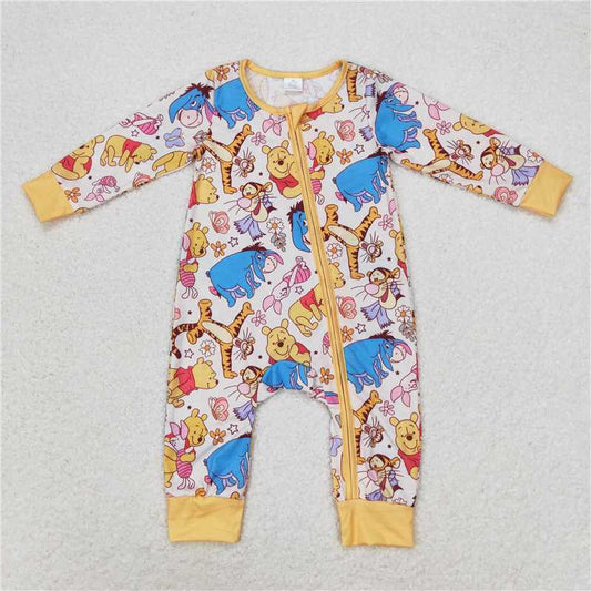 7.7 RTS NO MOQ Baby Boys Bodysuit LR0971 Long Sleeve Yellow Bears Zip Bamboo Rompers