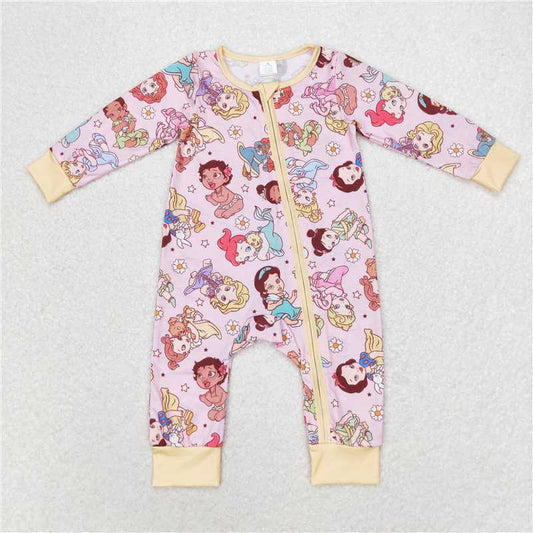 7.26 RTS NO MOQ Baby Girls Bodysuit LR0968 Princess Long Sleeve Zip Bamboo Rompers