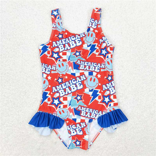 S0214 Baby Girls 4th Of July American Babe Ruffle One Piece Swimsuits